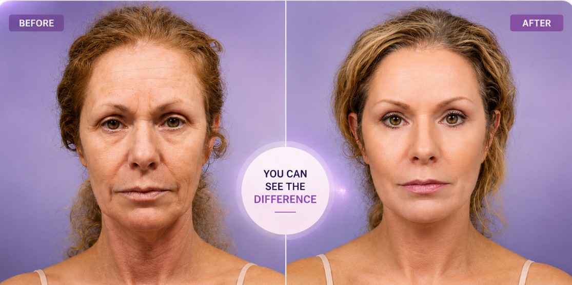 Visible difference in skin appearance — smoother, firmer, more radiant look
